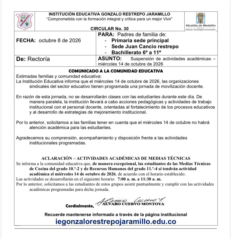Circular 30 No hay clase miércoles 14-=ct-2026